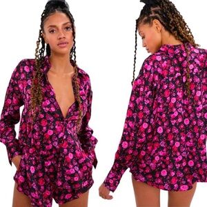 For Love & Lemons Lola Satin Sleep Shirt and Shorts Floral Pajama Set